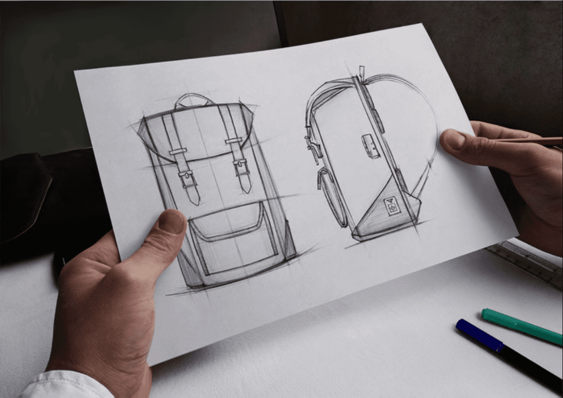 Product sketch concepts of backpack on paper